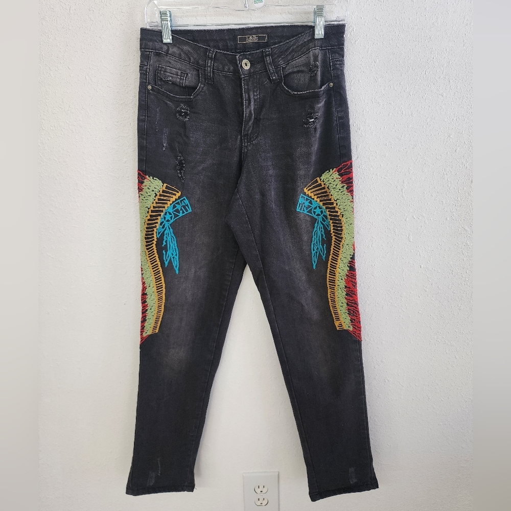 L&B Black Jeans with Colorful Native American Head Dress Western Embroidery Sz 6